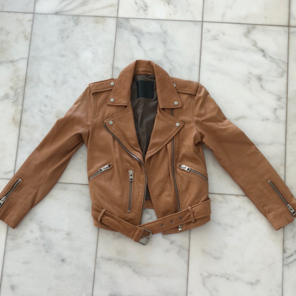 All Saints tan leather biker jacket